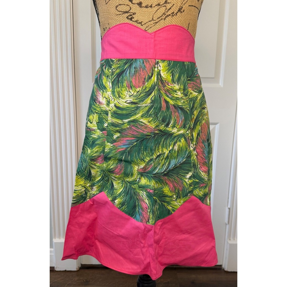 Vintage Handmade Tropical Feather Print Half Apron Pink Green Retro Sweetheart
